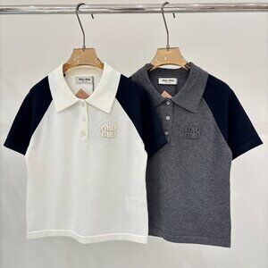 New Style Simple Raglan Sleeve Color Block Design Casual Knitted Short Sleeve